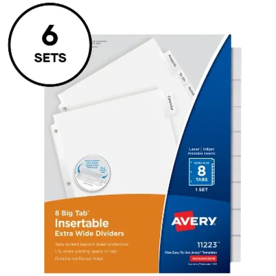 Avery Extra-Wide Big Tab Insertable Dividers for 3 Ring Binders, 8-Tab Sets, White Paper, Clear Tabs, Works With Sheet Protectors, 6 Sets (11254) image {8}