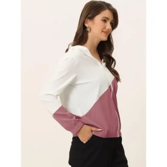 Allegra K Women's Color Block Drawstring Hem Long Sleeve Sport Hooded Zip Lightweight Jacket image {2}