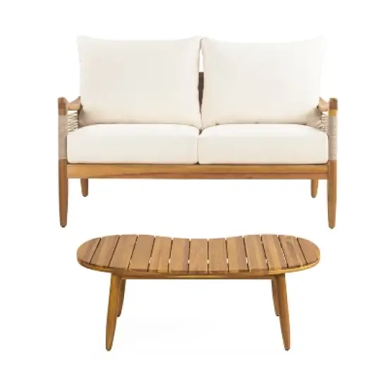 Christopher Knight Home Abell 2 Piece Outdoor Woven Rope Acacia Wood Upholstered Seating Set image {9}