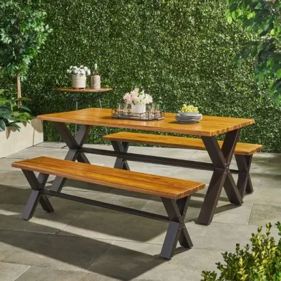 Christopher&nbsp;Knight&nbsp;Home Sabrina 3 Piece Outdoor Dining Set with Rustic Iron X-Base Table and Benches image {1}