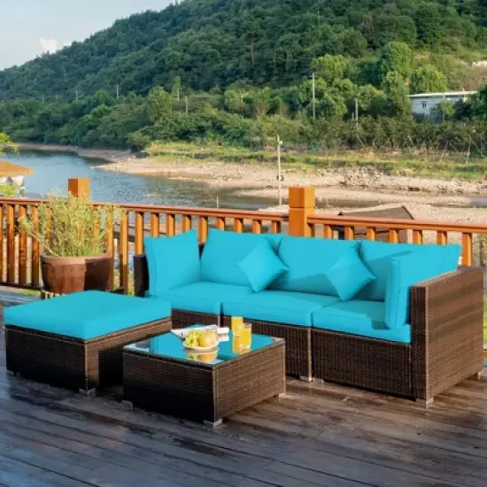 Costway 5PCS Outdoor Patio Rattan Furniture Set Sectional Conversation Turquoise\Navy\Black Cushion image {11}