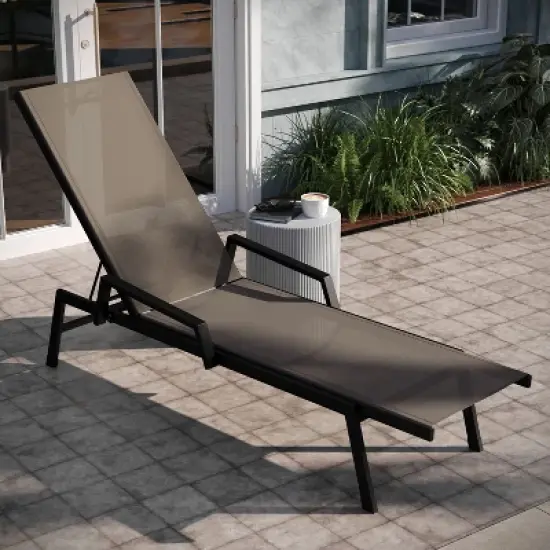 Emma and Oliver Textilene Adjustable 5 Position Patio Chaise Lounge with Armrests and Metal Frame image {3}