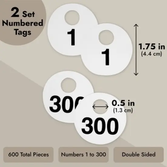 Juvale 2 Sets of Round Numbered Tags 1-300, Double-Sided Plastic Coat Check Tickets, 600 Pieces Total image {7}