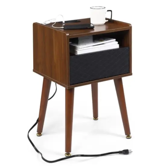 Nightstand with Charging Station, Rustic Bed Side Table with Drawer, 3-Tier Wooden Night Stand with Storage Shelf image {1}