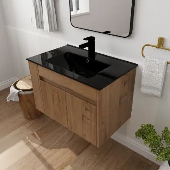 30" Bathroom Vanity with White Ceramic Basin and Adjustable Open Shelf - ModernLuxe image {3}