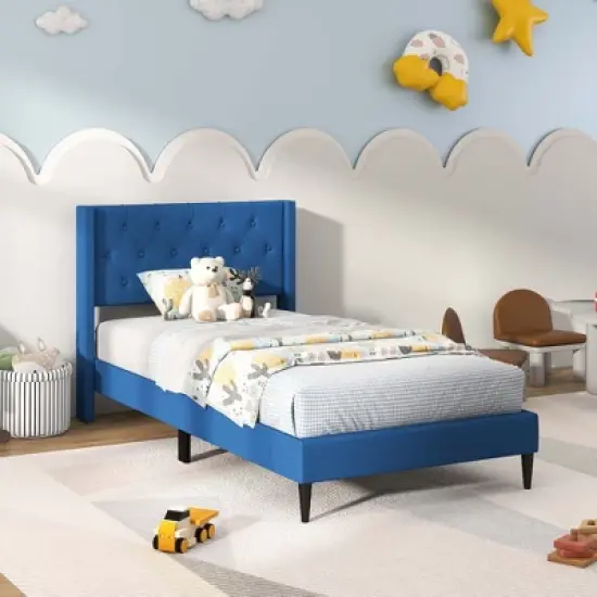 Costway Twin Size Upholstered Platform Bed with Button Tufted Wingback Headboard Blue/Grey image {10}
