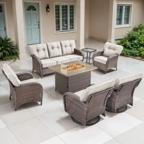 Belord Brown Wicker 7 Piece Patio Furniture Set with 5" Thick Cushions, 41" Propane Fire Pit Table Set with Swivel Glider Chairs and Club Chairs image {2}