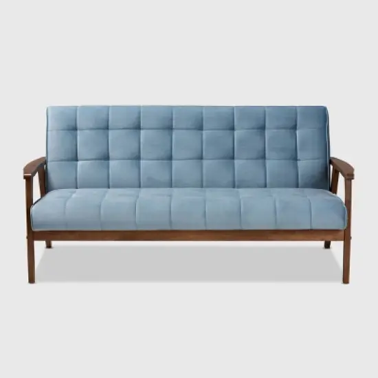 Asta Velvet Upholstered Wood Sofa Light Blue/Walnut - Baxton Studio image {1}
