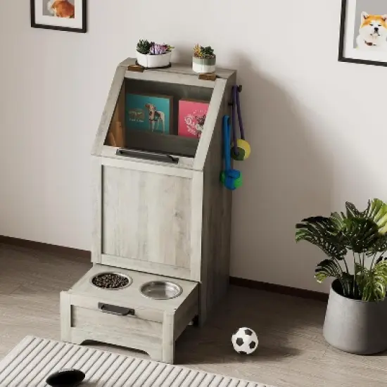 Flip Top Dog Food Storage Container, Wood Pet Storage Cabinet with 2 Pull-Out Elevated Dog Bowls image {8}