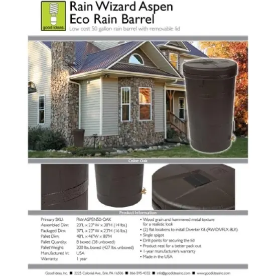 Good Ideas Aspen 50 Gallon Capacity Rain Barrel Water Storage Collector Saver with Brass Spigot and Removable Lid, Oak Brown (4 Pack) image {2}