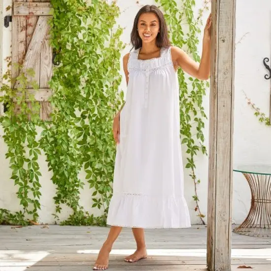 Women's Cotton Victorian Nightgown, Phoebe Sleeveless Lace Trimmed Button Up Long Vintage Night Dress Gown image {3}