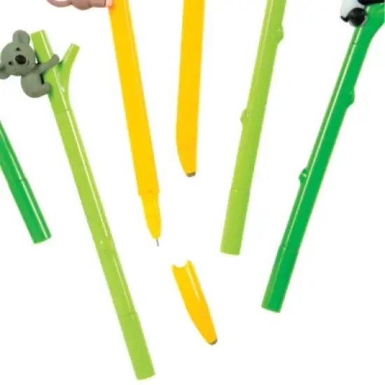 Tree Hugger Pens (6 Pack) - Bamboo & Banana Designs, Animal Toppers (Black Ink) image {1}