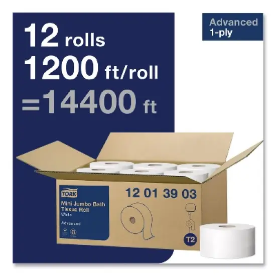 Tork Advanced Jumbo Bath Tissue, Septic Safe, 1-Ply, 3.48" x 1,200 ft, White, 12 Rolls/Carton image {2}