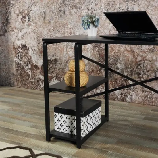 GlasFlength Desks Metal Frame 2 Shelves Computer Desk Gaming Desk Home Office Desk Simple Design for Small Spaces, Black, 25"*47"*28" image {2}