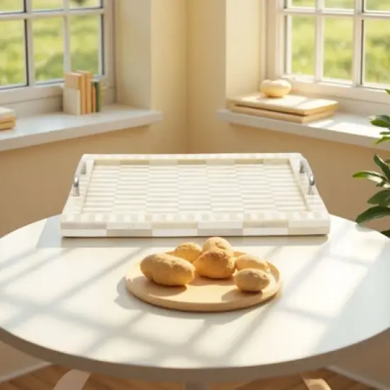 SEVOBAL Serving Platters 2 Set Handcrafted Checkered Serving Trays with Elegant Bone and Resin Set with Handles for Dining, Yellow, 18"*14"*2.5" image {1}