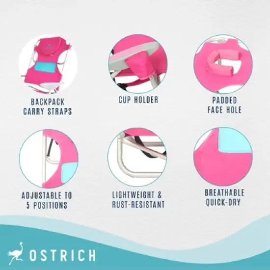 Ostrich Altitude 3-in-1 16-Inch Tall Reclining Chair & Ladies Comfort On-Your-Back Beach Chair w/Storage Bag, Carry/Backpack Straps & Cup Holder, Pink image {2}