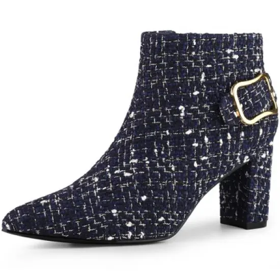 Allegra K Women's Plaid Pointed Toe Chunky Heels Ankle Boots image {9}