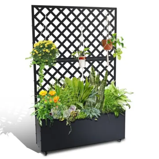 Metal Planter Box with Trellis, 71"x47"x12" Raised Garden Bed with Trellis & Wheels, Outdoor Garden Box with Privacy Screen & Drainage Holes image {7}
