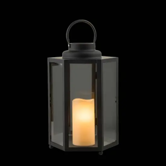 14" Hexagonal Candlelit Iron Lantern with LED Lights Black/White - Alpine Corporation image {3}