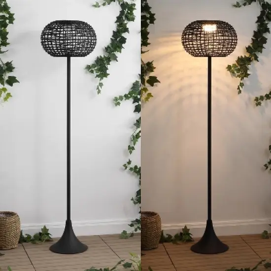 JONATHAN Y Jaemin Modern Coastal Faux Rattan Integrated Indoor/Outdoor LED Solar Powered Floor Lamp image {4}