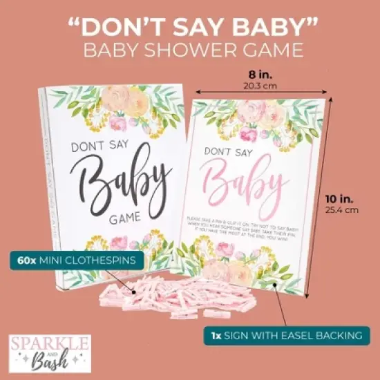 Sparkle and Bash Floral Baby Shower Clothespin Game For Girl, Don't Say Baby Theme with 60 Pink Clothes Pins and 8x10-Inch Sign image {2}