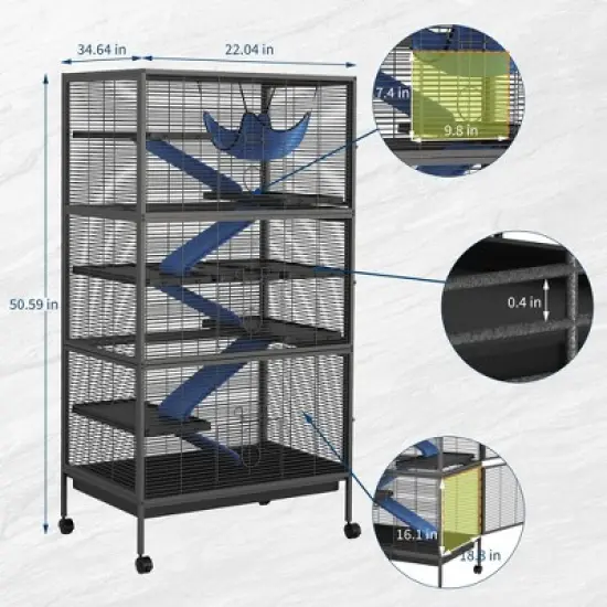 59" 6-Tier Small Animal Cage - Rolling Critter Nation Habitat for Ferrets/Chinchillas/Rabbits w/Ramps & Platforms, Black image {3}
