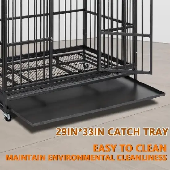 Heavy Duty Dog Crate - Indestructible Metal Kennel with Wheels & Double Doors, 33" High Anxiety Pet Cage with Removable Tray for Large Dogs - Black image {3}
