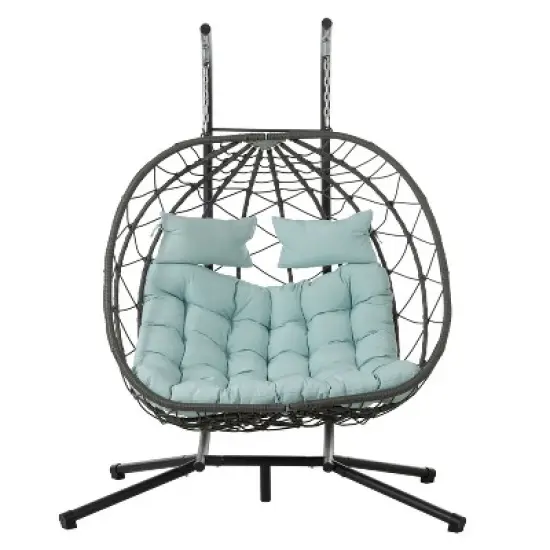 CAVINAS Swing Chair Outdoor with Stand, Patio Wicker Hanging Egg Chair, Outdoor Swing Chair Hanging Basket Chair, Light Gray image {1}