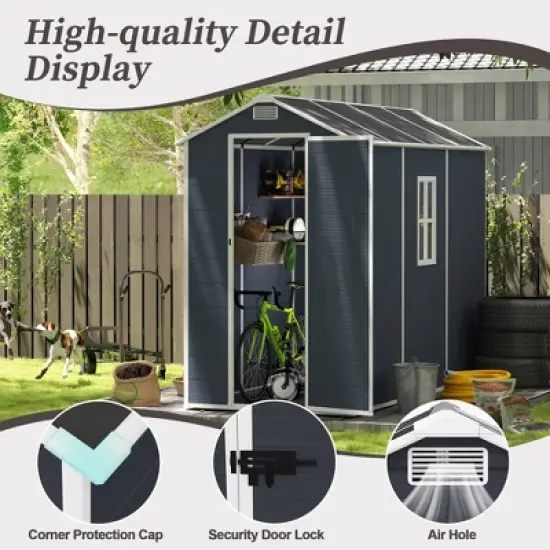 4*8ft resin storage shed, high quality pp material, strong structure, waterproof, rust and UV proof, large storage space,HD window lighting Dark gray image {1}