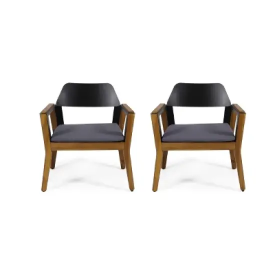 Christopher Knight Home Soho Outdoor Acacia Wood and Iron Club Chairs with Cushion (Set of 2), Black/Dark Gray image {1}