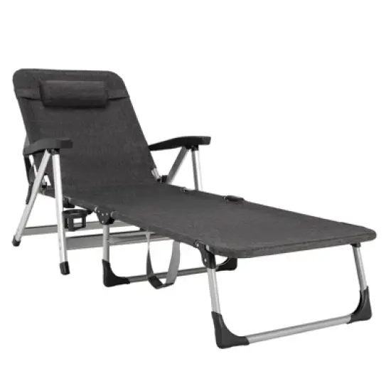 Tangkula Folding Camping Cot, Adjustable 7-position Lounge Chair w/ Removable Headrest & Cup Holder Black/ Grey/ Beige/ Blue image {10}