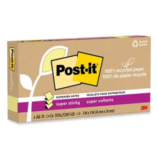 Post-it Notes Super Sticky 100% Recycled Paper Super Sticky Notes, 3" x 3", Canary Yellow, 70 Sheets/Pad, 6 Pads/Pack image {1}