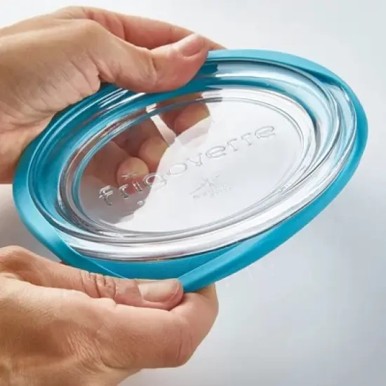 Bormioli Rocco Frigoverre Future 14.25 oz. Square Food Storage Container, Made From Durable Glass, Dishwasher Safe, Made In Italy,Clear/Teal Lid image {2}