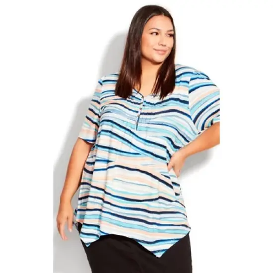 Women's Plus Size Sharkbite Print Top  - Blue Waverley | AVENUE image {3}