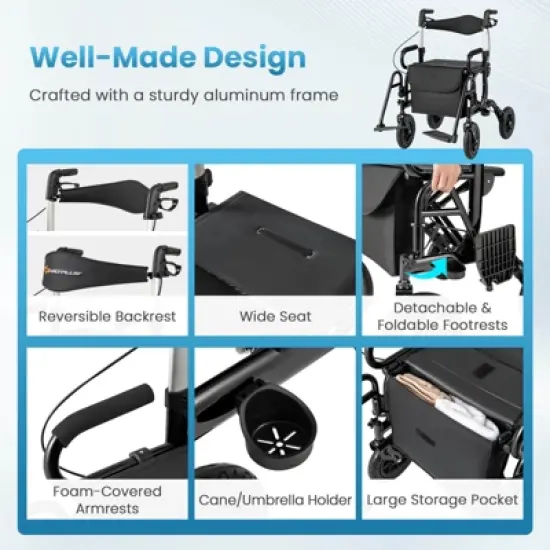 Costway 2-in-1 Rollator Walker for Seniors with Seat 9" Pneumatic Tires for All Terrain Black/Red/Navy image {3}