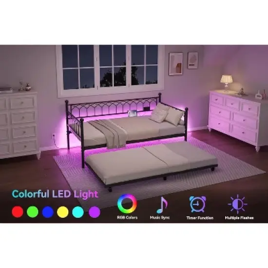 Twin Size Daybed with Pop-Up Trundle & LED Lights, Pull Out Bed with Charging Station and Pull Out Turundle, Metal Sofa Bed Frame for Living Room image {2}