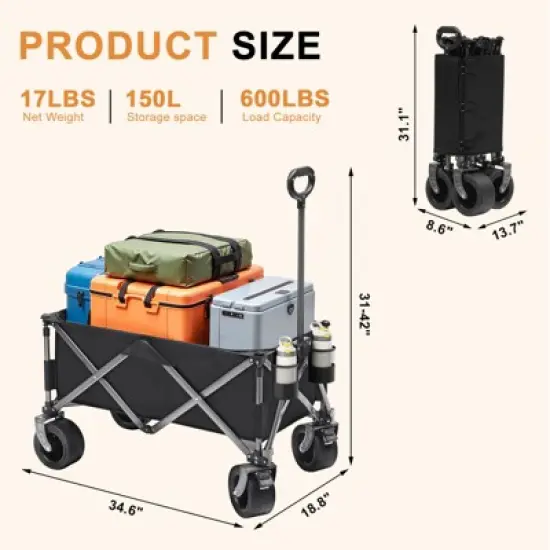 SKONYON Foldable Wagon Cart Collapsible Heavy Duty Utility Cart Extra Large Wheels, Holds Up to 600 Pounds image {2}