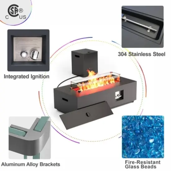 Evita 50,000 BTU Outdoor Fire Pit Table with Propane Tank, Windshield, Glass Stone and Rain Cover-42*20*12 Inch, Black image {7}