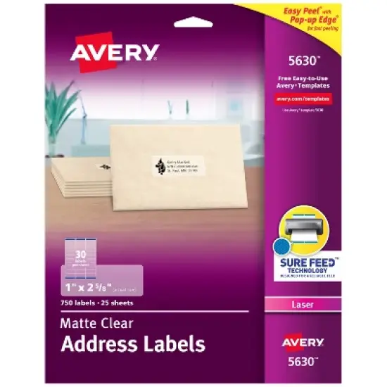 Avery Matte Clear Address Labels, Sure Feed Technology, Laser, 1" x 2-5/8", 750 Labels (5630) image {8}
