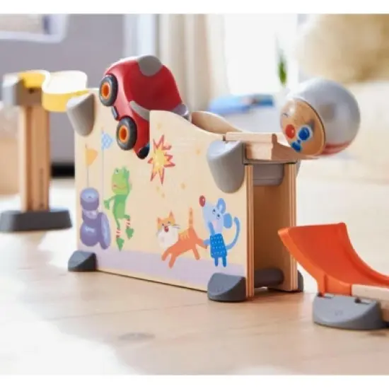 HABA Kullerbu Theme Set - Crash Test - 18 Piece Playset with Convertible Car and Stuntman Steve Ball image {2}