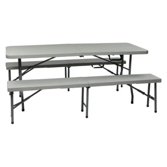 3pc Folding Table and Bench Set Light Gray - OSP Home Furnishings image {1}