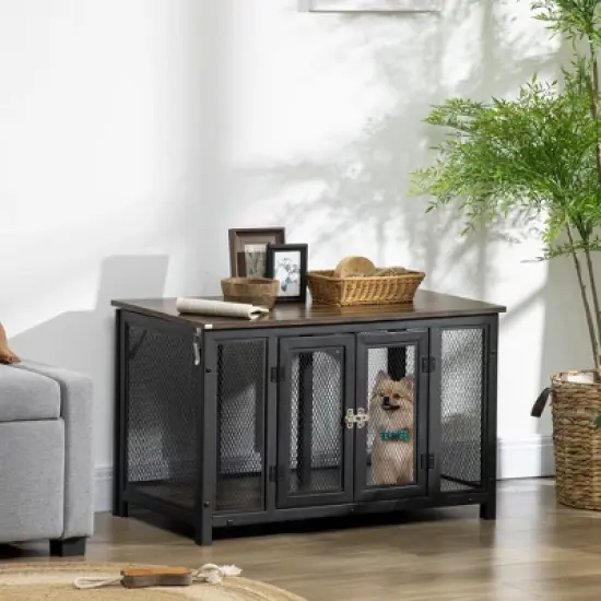 PawHut Furniture Style Dog Crate with Openable Top, Big Dog Crate End Table, Puppy Crate for Medium Dogs, Spacious Interior, Pet Kennel, Brown, Black image {2}