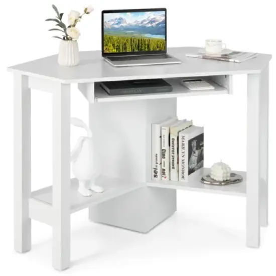 Costway Wooden Corner Desk With Drawer Computer PC Table Study Office Room White image {9}