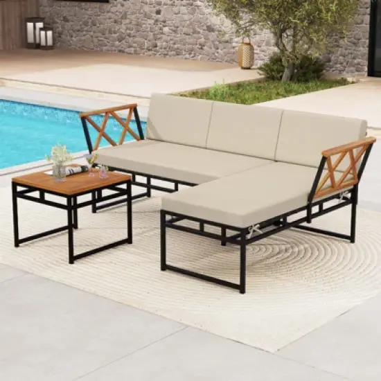 Tangkula Set Of 3 L-Shaped Outdoor Furniture Set Acacia Wood Patio Sectional Cushioned Conversation Sofa with Square Coffee Table image {2}