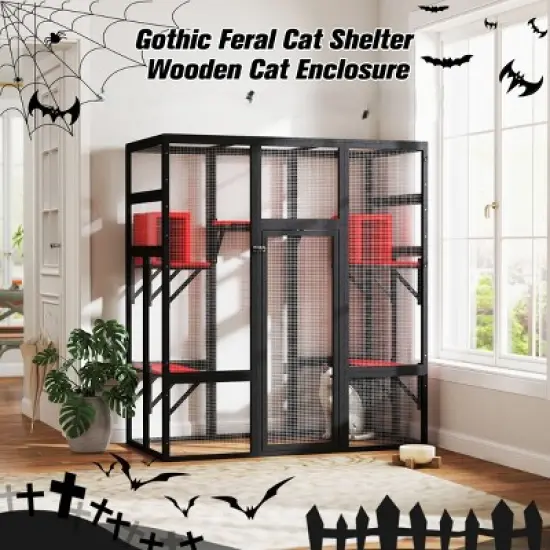 SEVOBAL 62.5" Gothic Outdoor Large Cat Catio Wood Cat Enclosure with Platforms and Condos Patio Cat Window Box Weatherproof Black and Red for Festival image {1}