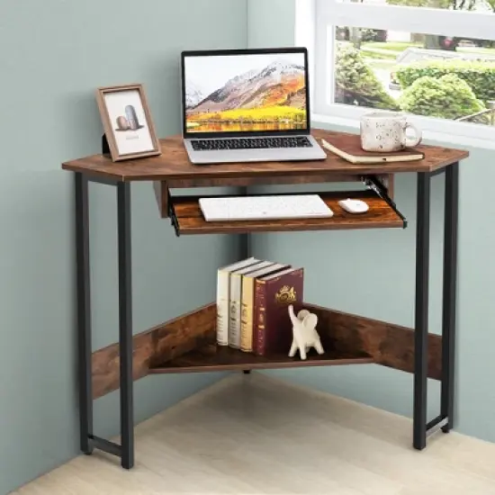 Costway Triangle Corner Computer Desk Small Space Study Desk Home Office w/Keyboard Tray image {1}