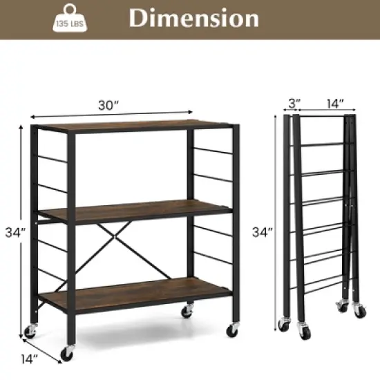 Tangkula 3-Tier Folding Shelf Free DIY Design Shelving Unit w/ 4 Universal Wheels Kitchen image {8}