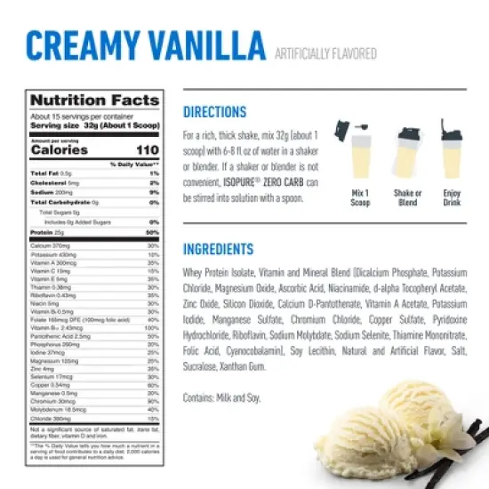 Isopure Low Carb Protein Powder 25g Whey Isolate Protein - Creamy Vanilla - 15 Servings - 16oz image {3}