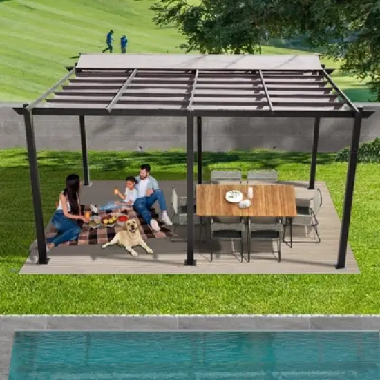 DOMETOUR 11 x 16 FT Outdoor Retractable Aluminum Pergola with Weather-Resistant Canopy, Patio Grill Gazebo for Courtyard, Dark Gray image {8}