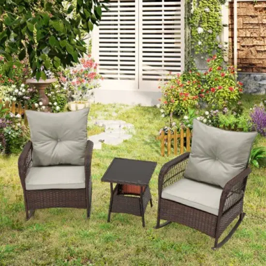 EROMMY 3 pcs Rocking Bistro Set,Outdoor PE Rattan Rocking Chairs with Tempered Glass Coffee Table,Patio Rattan Rocker Set for Porch and Garden image {3}